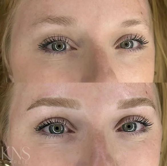 Nanobrow before-and-after for thin eyebrows on a blonde — healed results at Kendra Neal Studio