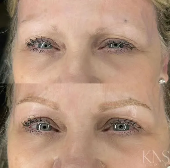 Nanobrow before-and-after on a mature client for sparse eyebrows — healed results at Kendra Neal Studio