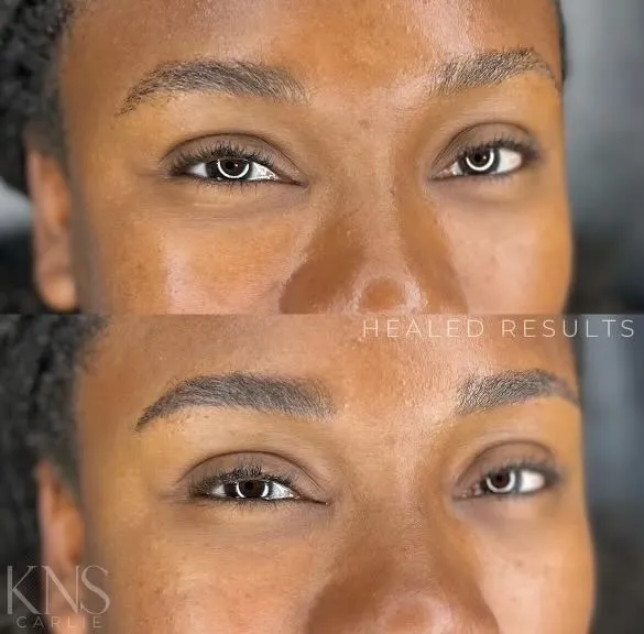 Powderbrow before-and-after on a deeper skin tone — healed results at Kendra Neal Studio