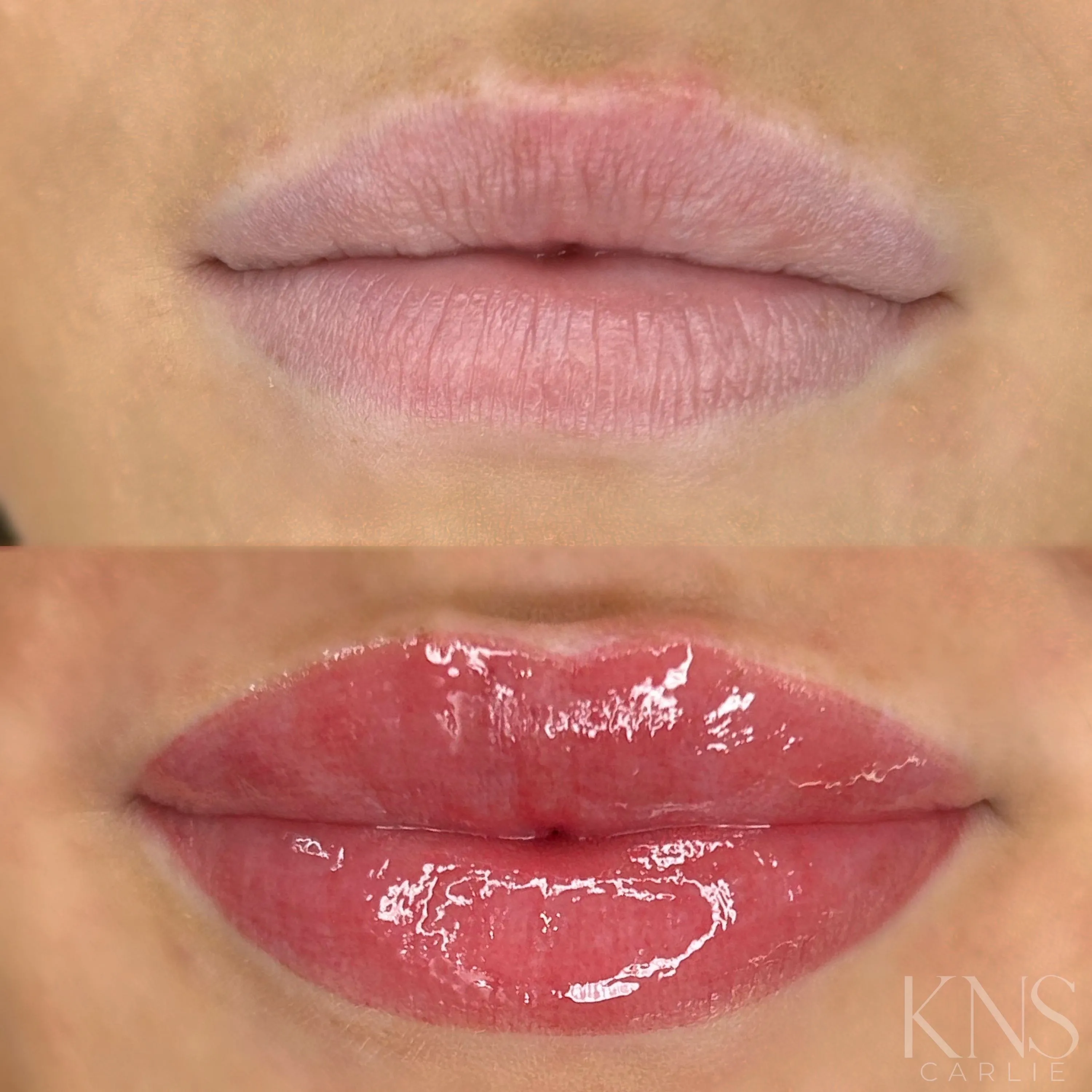 Lip blushing before-and-after for very pale, colorless lips — healed results at Kendra Neal Studio