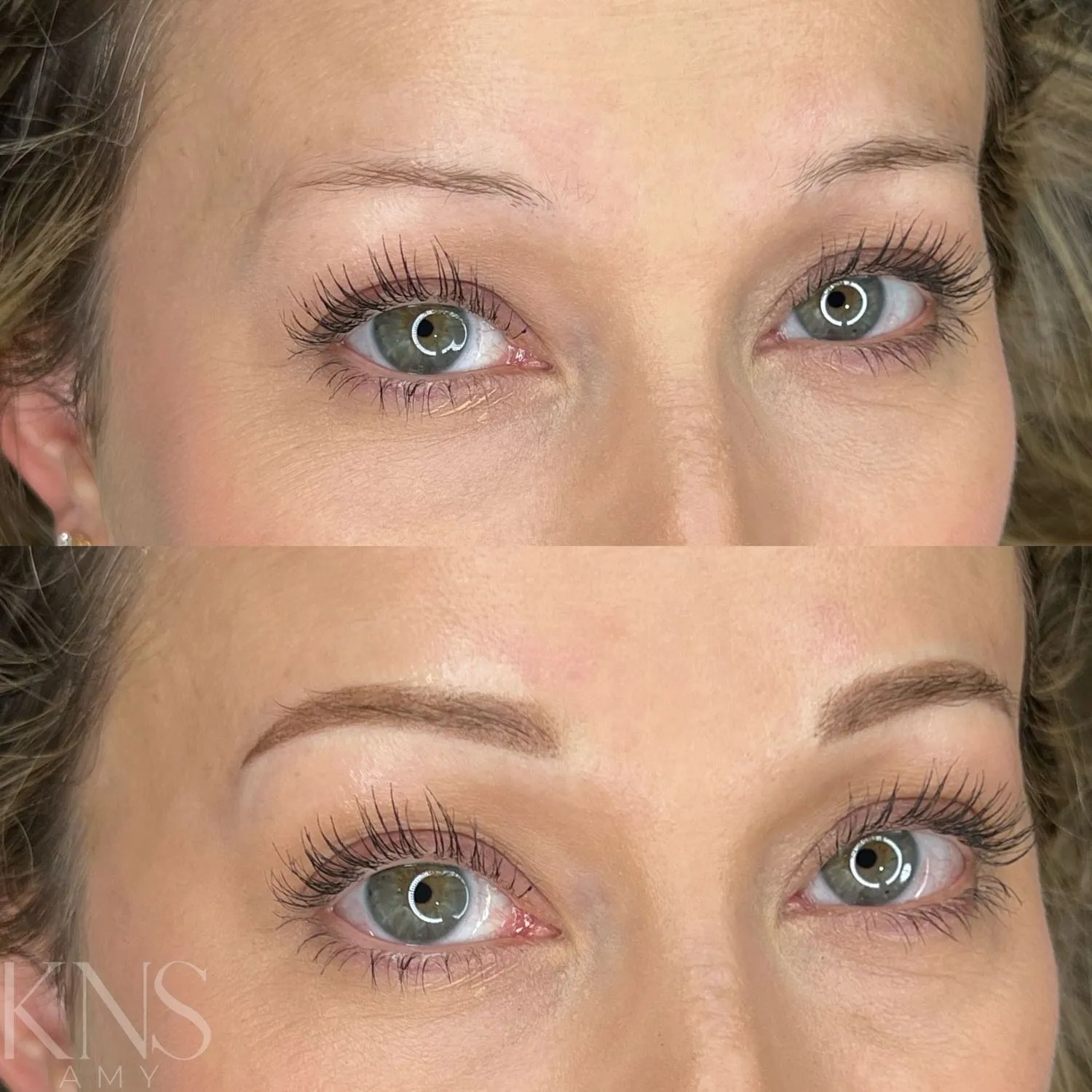 Powderbrow before-and-after for thin, faint eyebrows — healed results at Kendra Neal Studio