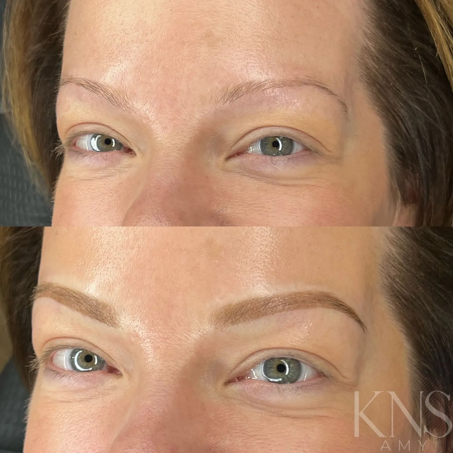 Powderbrow before-and-after for an uneven brow shape — healed results at Kendra Neal Studio