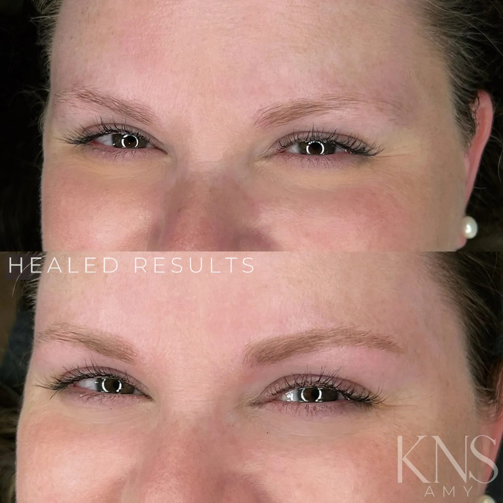 Powderbrow before-and-after for eyebrows with no natural hair — healed results at Kendra Neal Studio