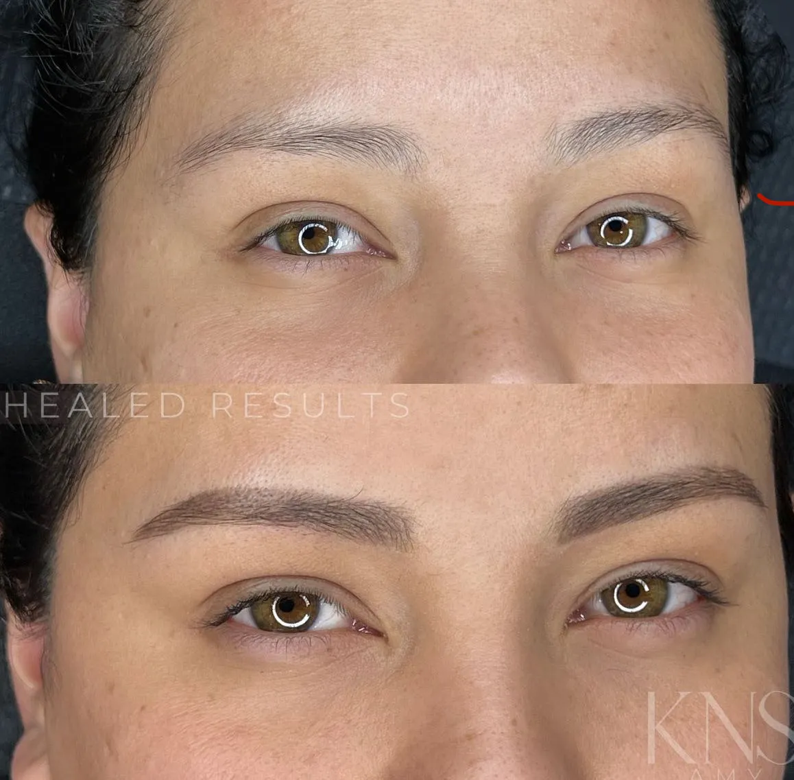 Powderbrow before-and-after for faint eyebrows on a deeper skin tone — healed results at Kendra Neal Studio