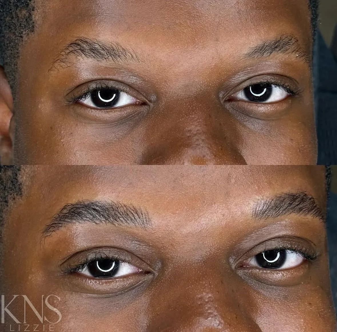 Men's nanobrow before-and-after for thin, patchy eyebrows — healed results at Kendra Neal Studio