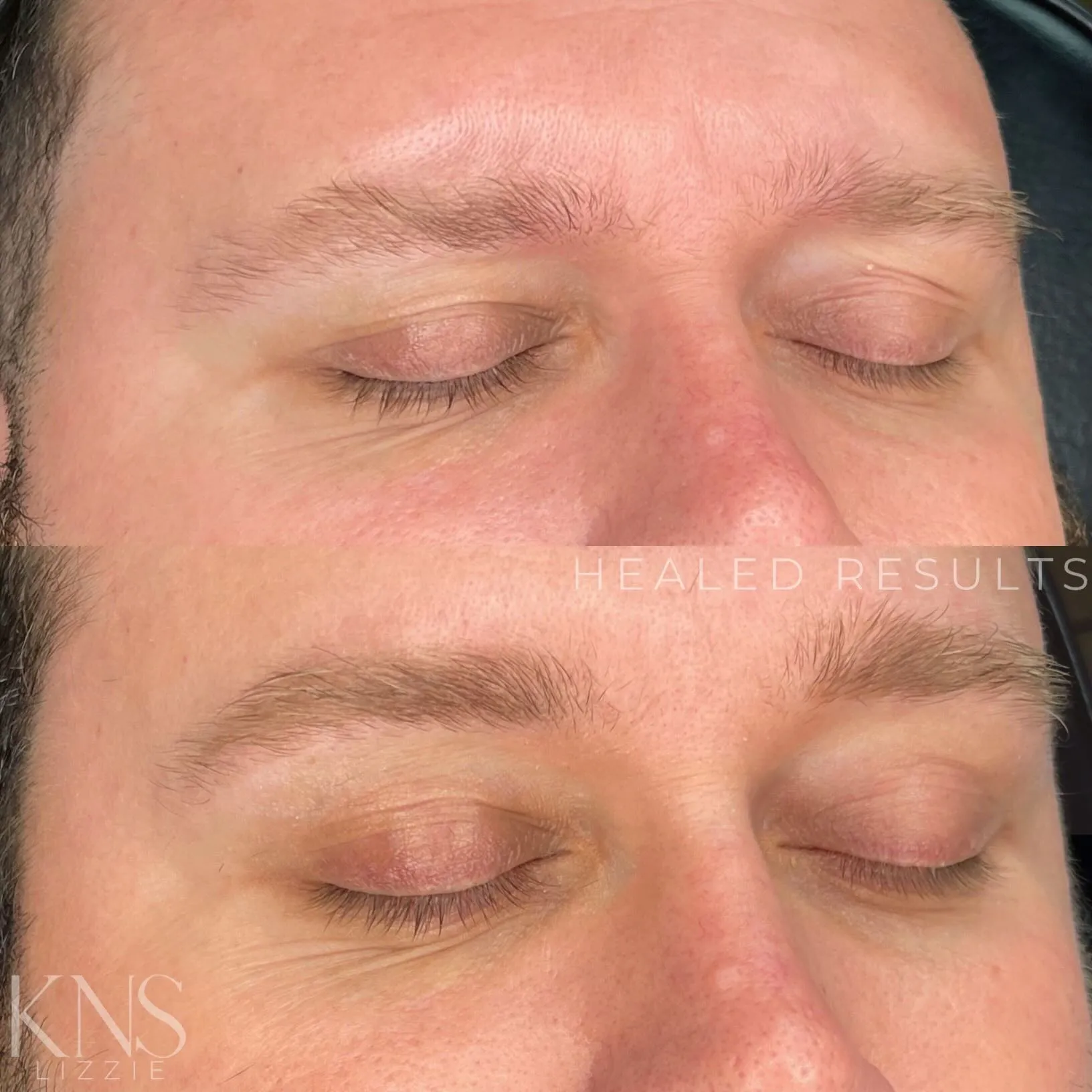 Men's powderbrow before-and-after for very sparse, barely-visible eyebrows — healed results at Kendra Neal Studio