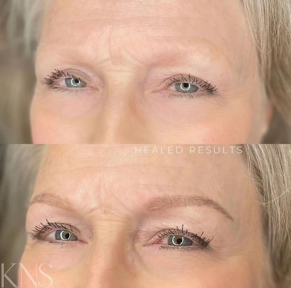 Nanobrow before-and-after on a mature client with gray hair — healed results at Kendra Neal Studio