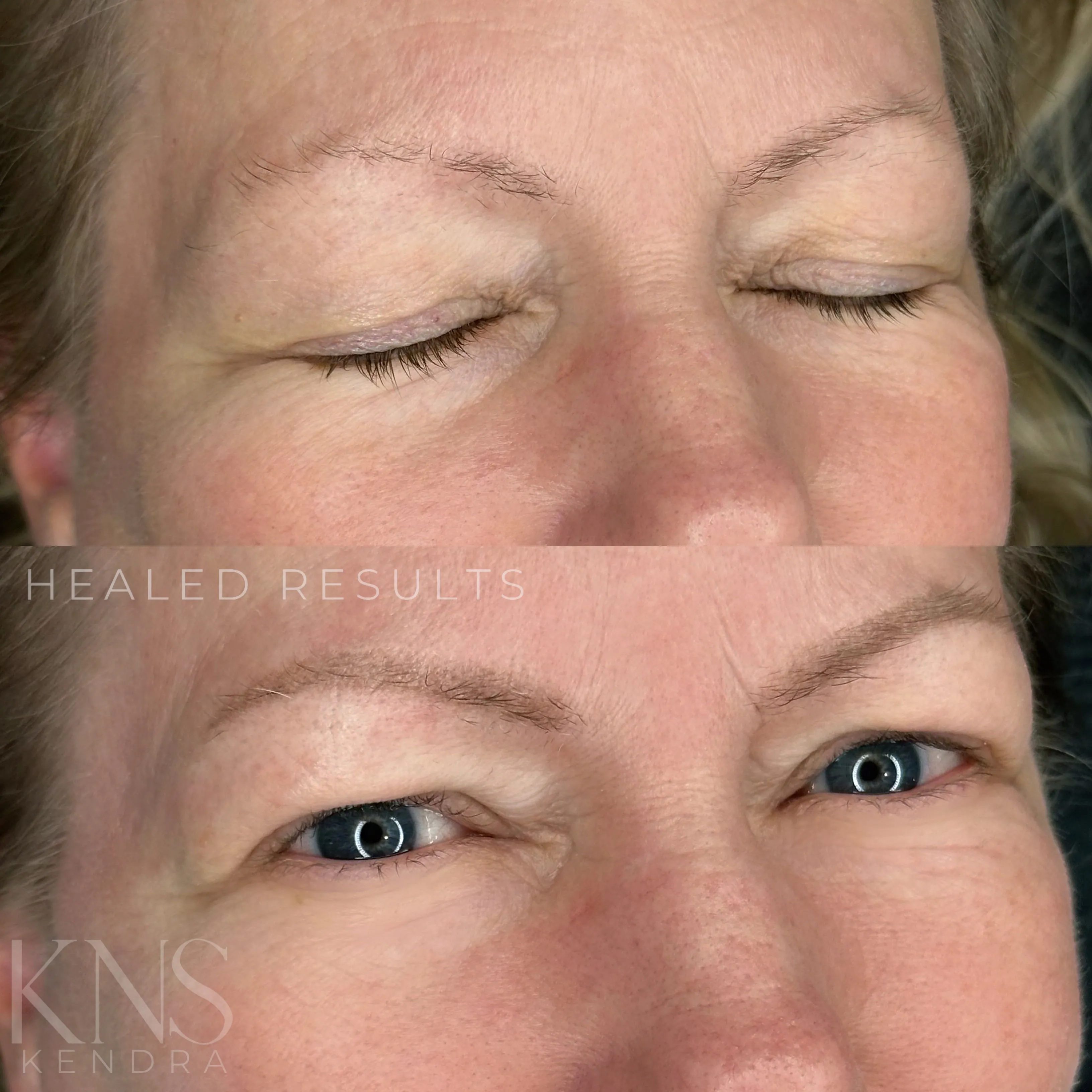 Powderbrow before-and-after on a mature client — healed results at Kendra Neal Studio