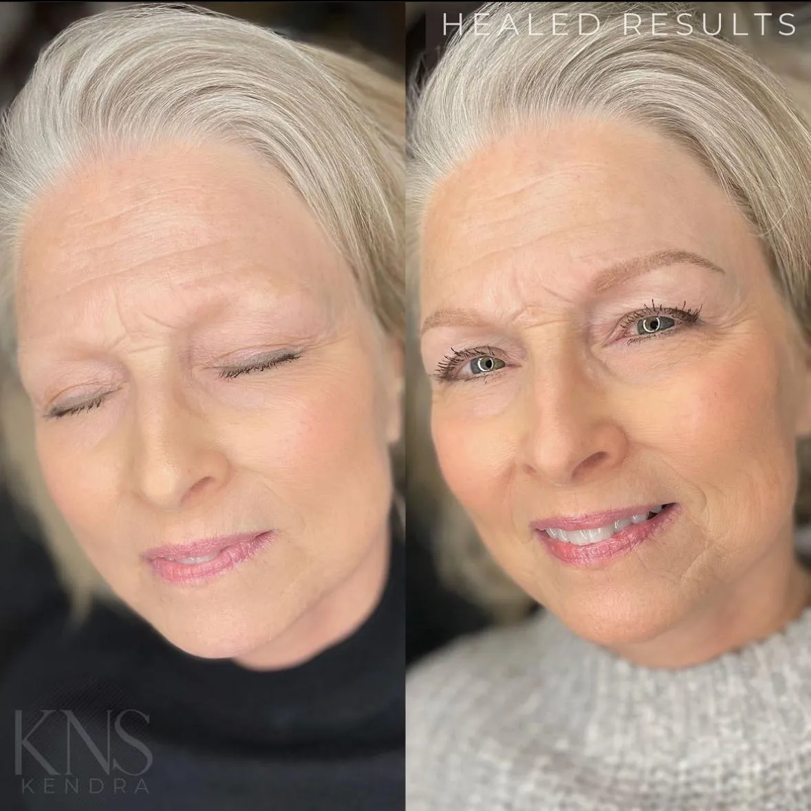 Powderbrow before-and-after on a mature client with gray hair — healed results at Kendra Neal Studio