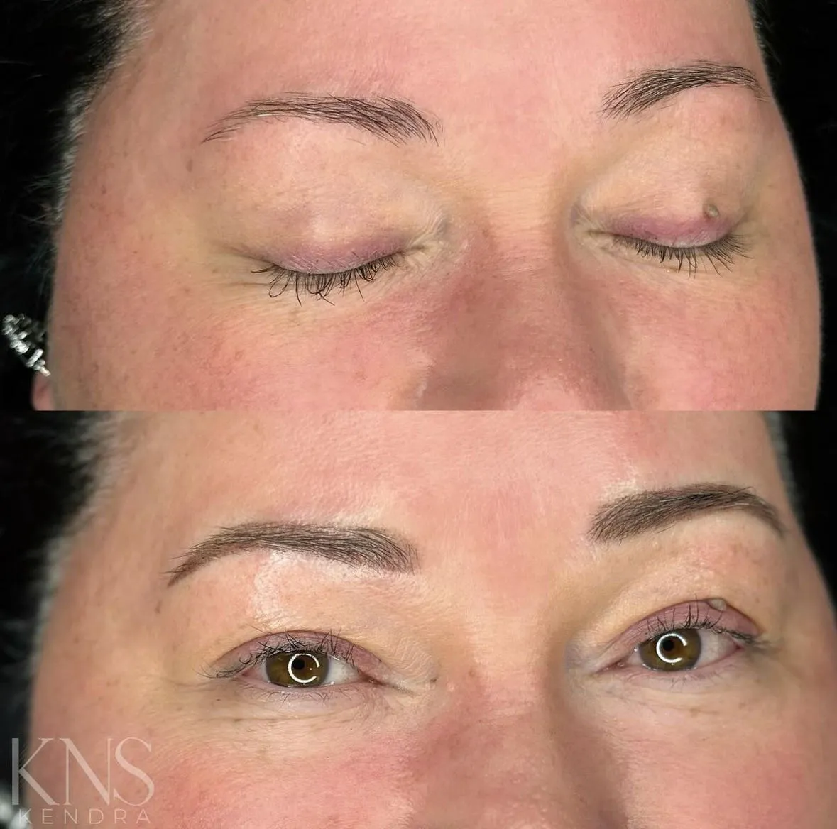 Nanobrow before-and-after for uneven eyebrows — healed results at Kendra Neal Studio