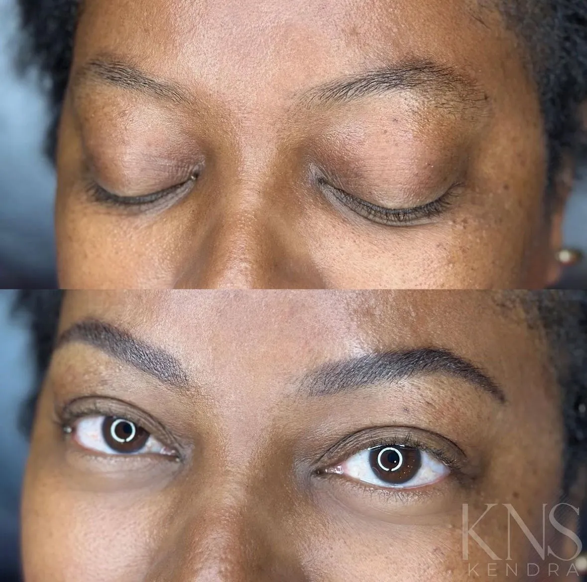 Powderbrow before-and-after on a deeper skin tone — healed results at Kendra Neal Studio