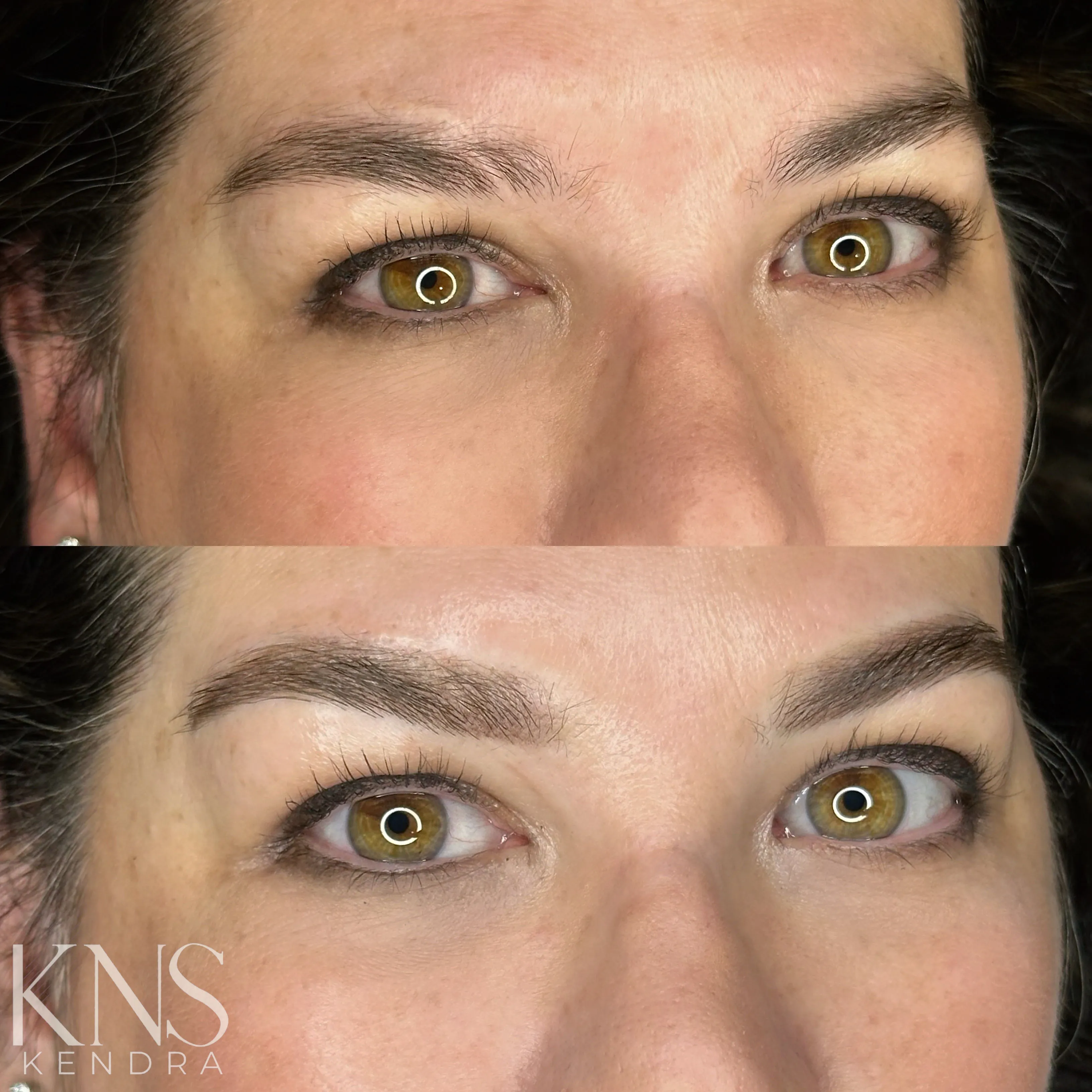 Nanobrow before-and-after for sparse eyebrows — healed results at Kendra Neal Studio