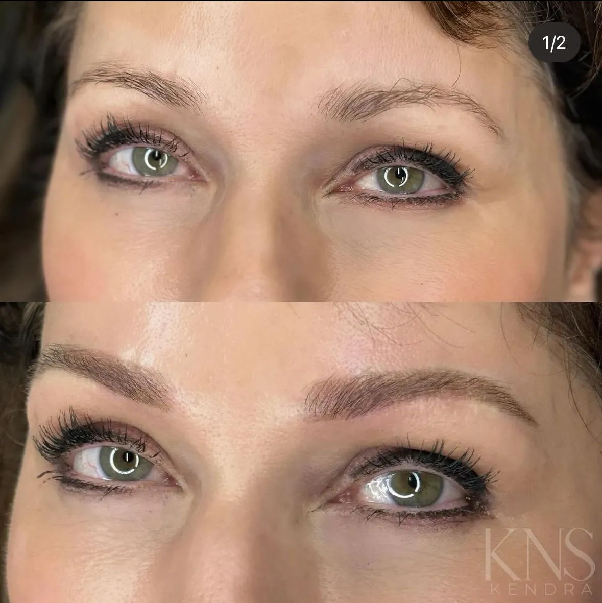 Nanobrow before-and-after for sparse eyebrows — healed results at Kendra Neal Studio