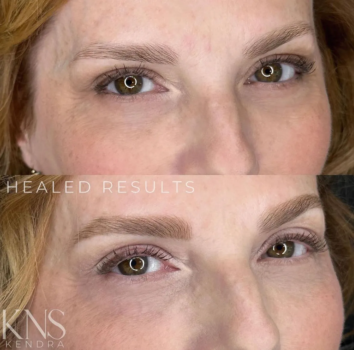 Nanobrow before-and-after for thin eyebrows on a redhead — healed results at Kendra Neal Studio