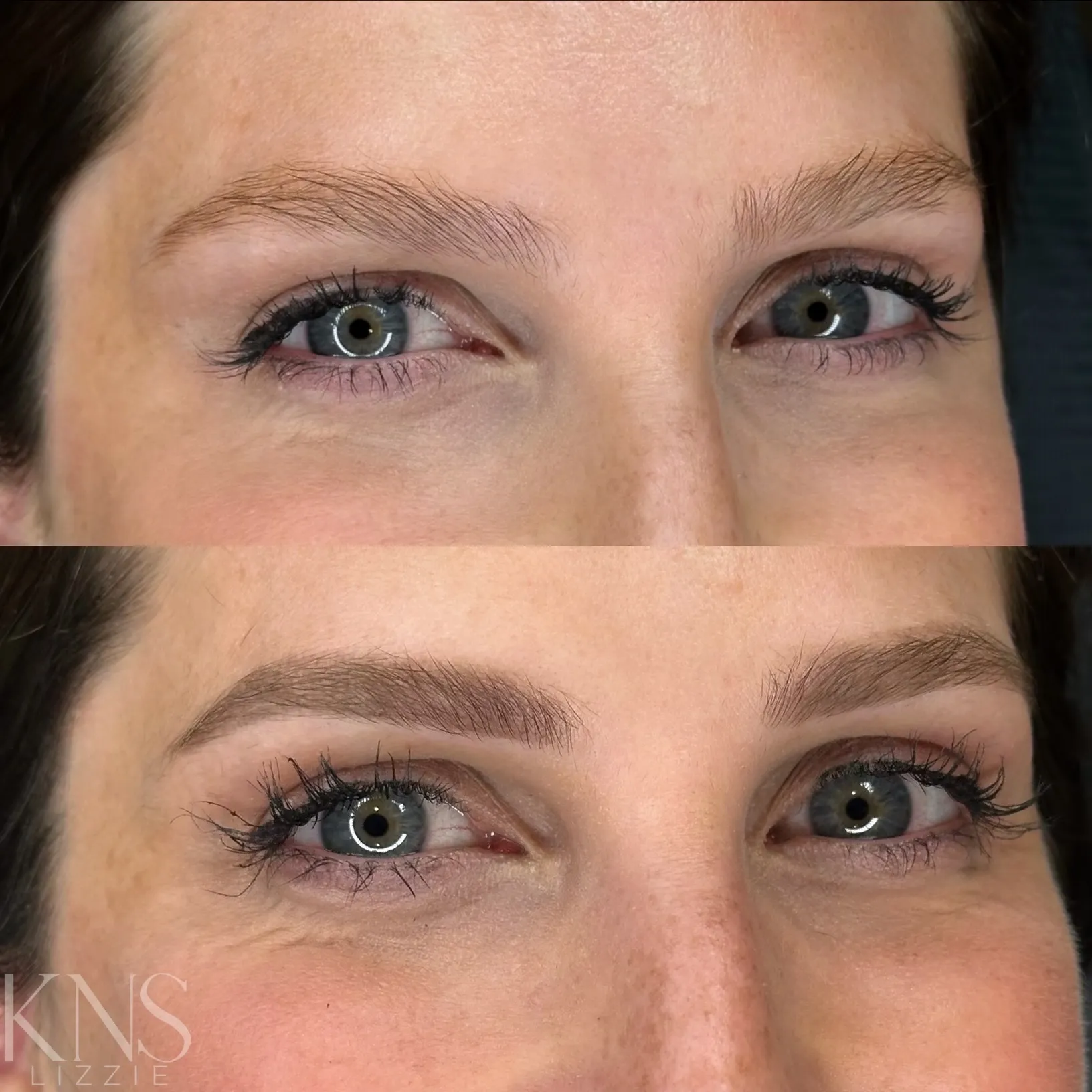 Nanobrow before-and-after for sparse eyebrows on a blonde — healed results at Kendra Neal Studio
