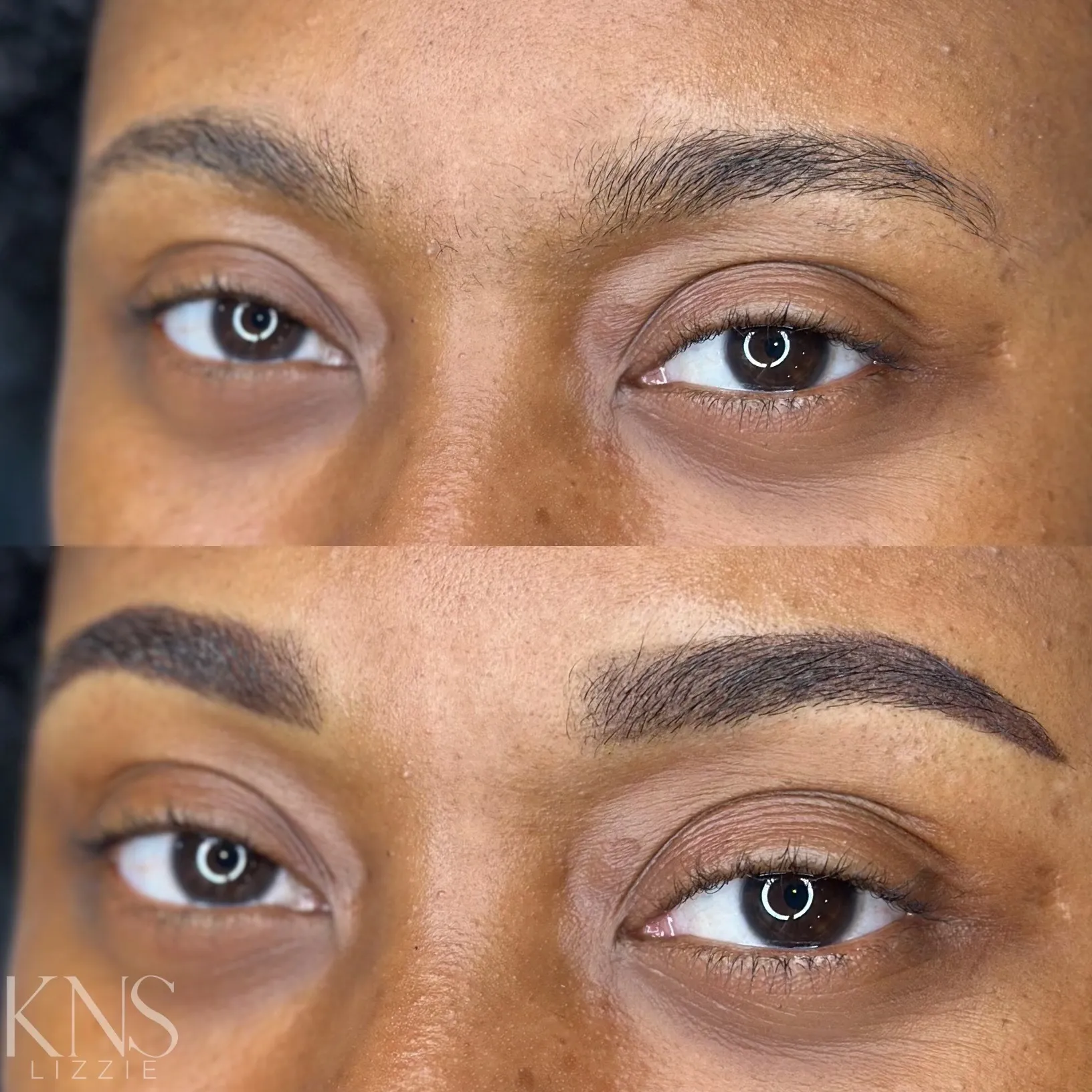 Nanobrow before-and-after on a deeper skin tone — healed results at Kendra Neal Studio