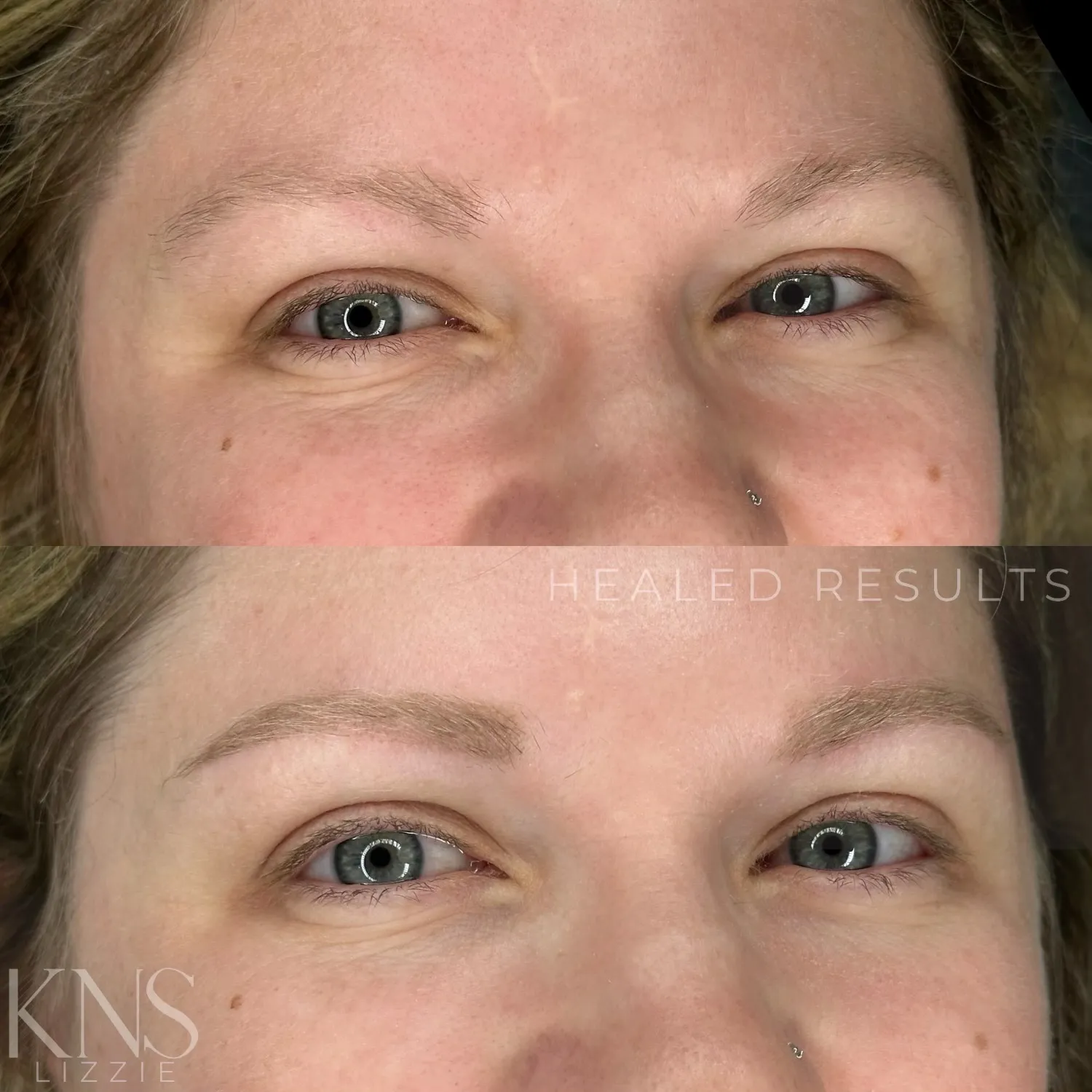 Nanobrow before-and-after for thin eyebrows — healed results at Kendra Neal Studio