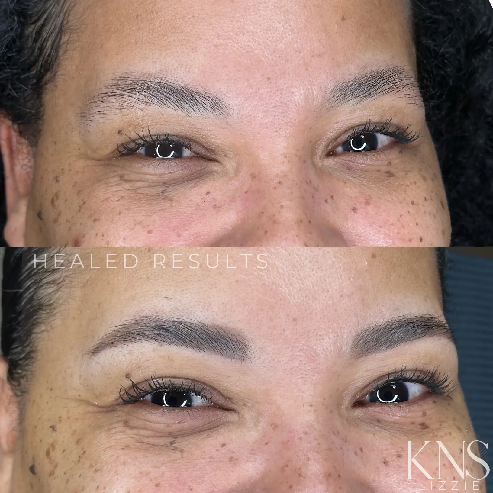 Nanobrow before-and-after for thin eyebrows on a deeper skin tone — healed results at Kendra Neal Studio