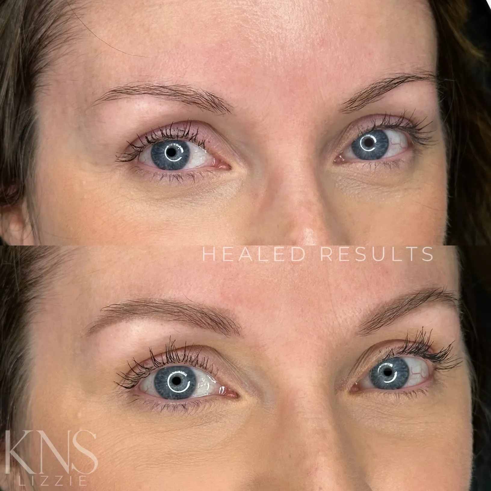 Nanobrow before-and-after for thin eyebrows — healed results at Kendra Neal Studio