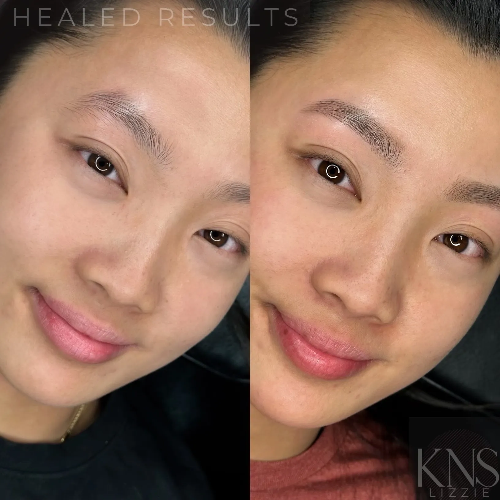 Powderbrow before-and-after for very faint, barely-visible eyebrows — healed results at Kendra Neal Studio