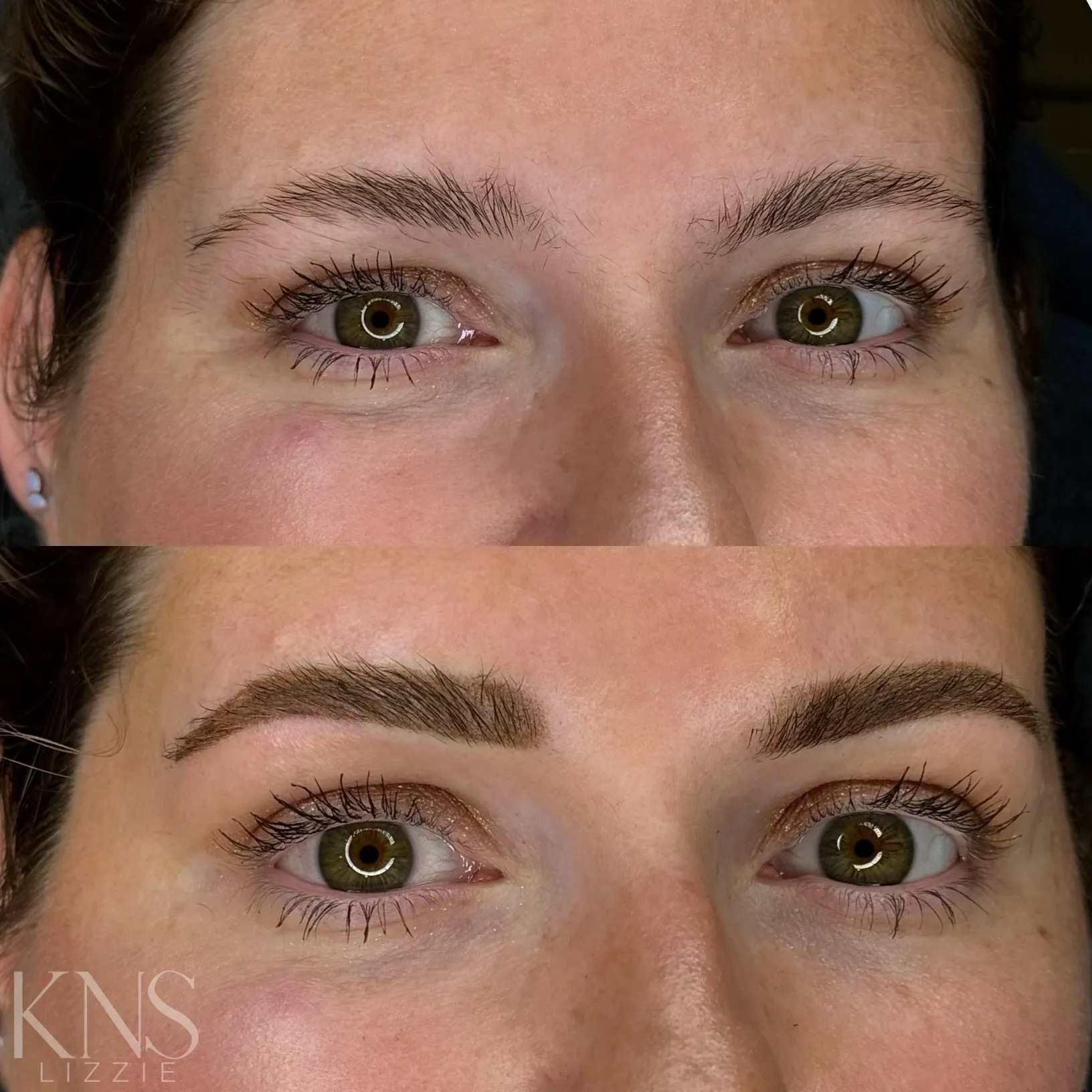 Nanobrow before-and-after for thin eyebrows — healed results at Kendra Neal Studio