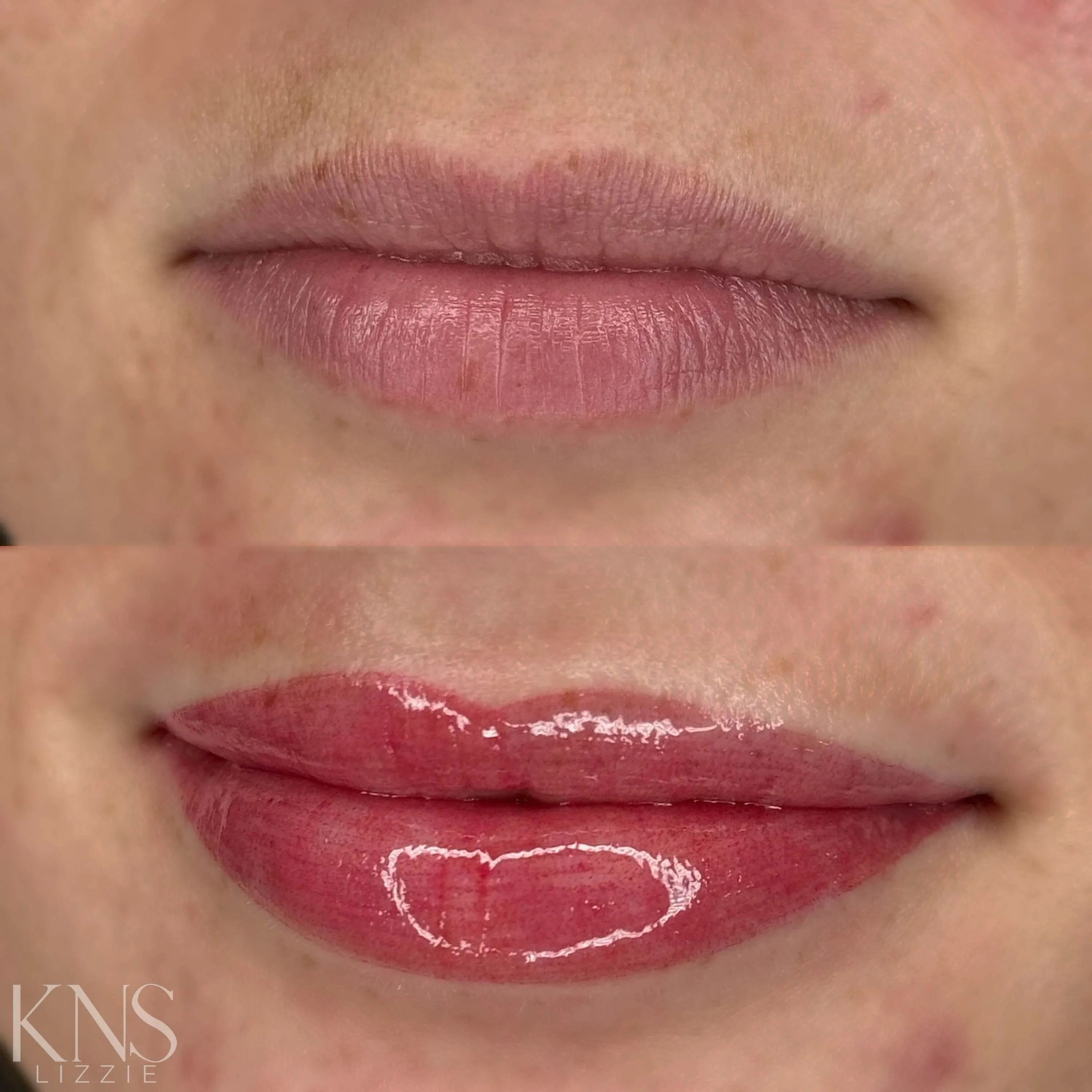 Lip blushing before-and-after for pale lips — healed results at Kendra Neal Studio