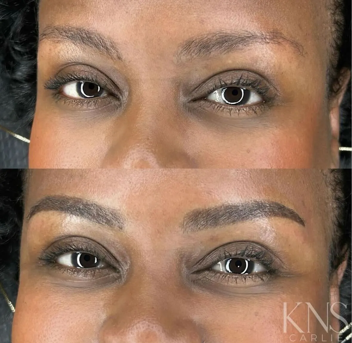 Nanobrow before-and-after for sparse eyebrows on a deeper skin tone — healed results at Kendra Neal Studio