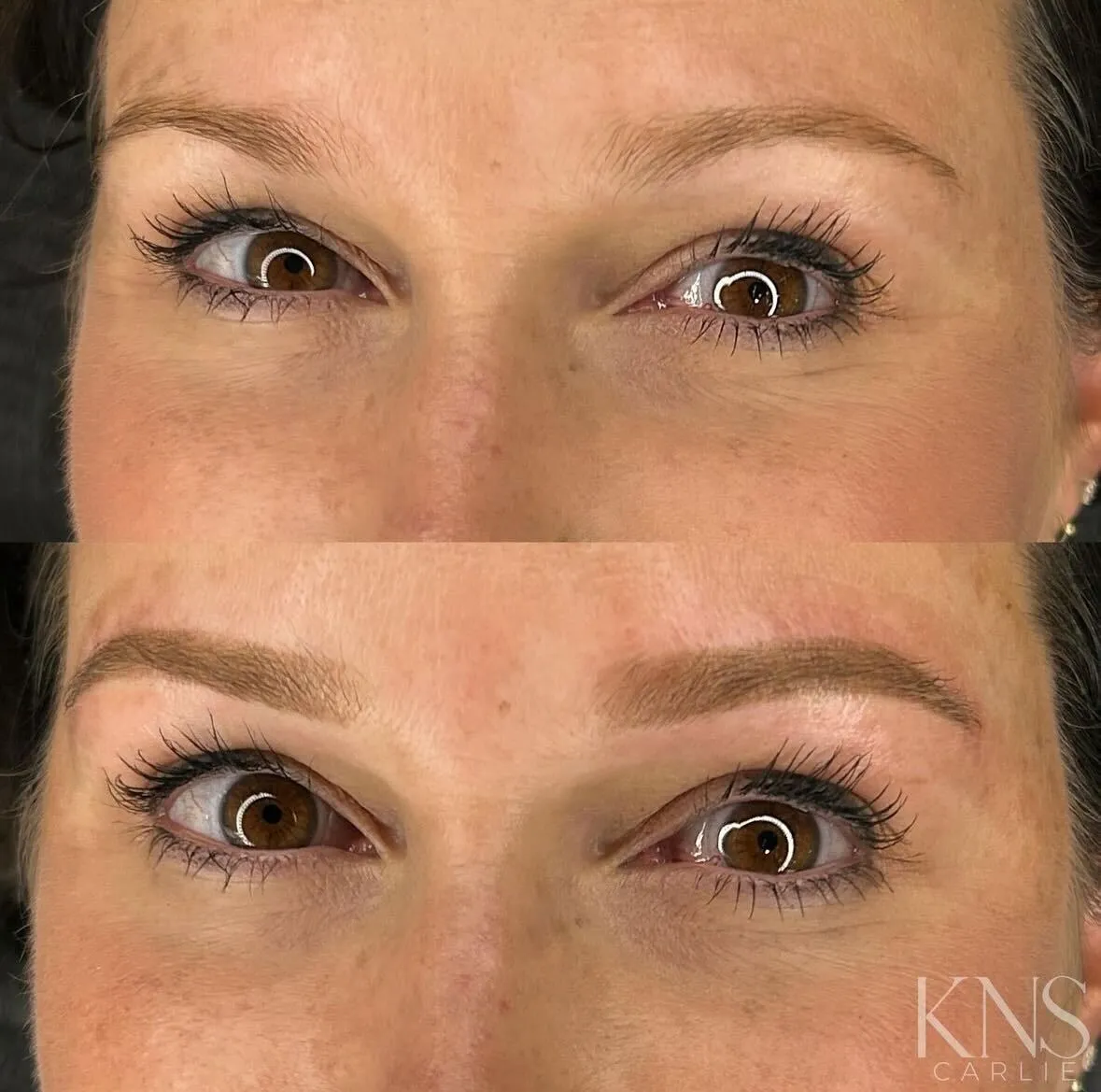 Nanobrow before-and-after correcting uneven brow thickness — healed results at Kendra Neal Studio