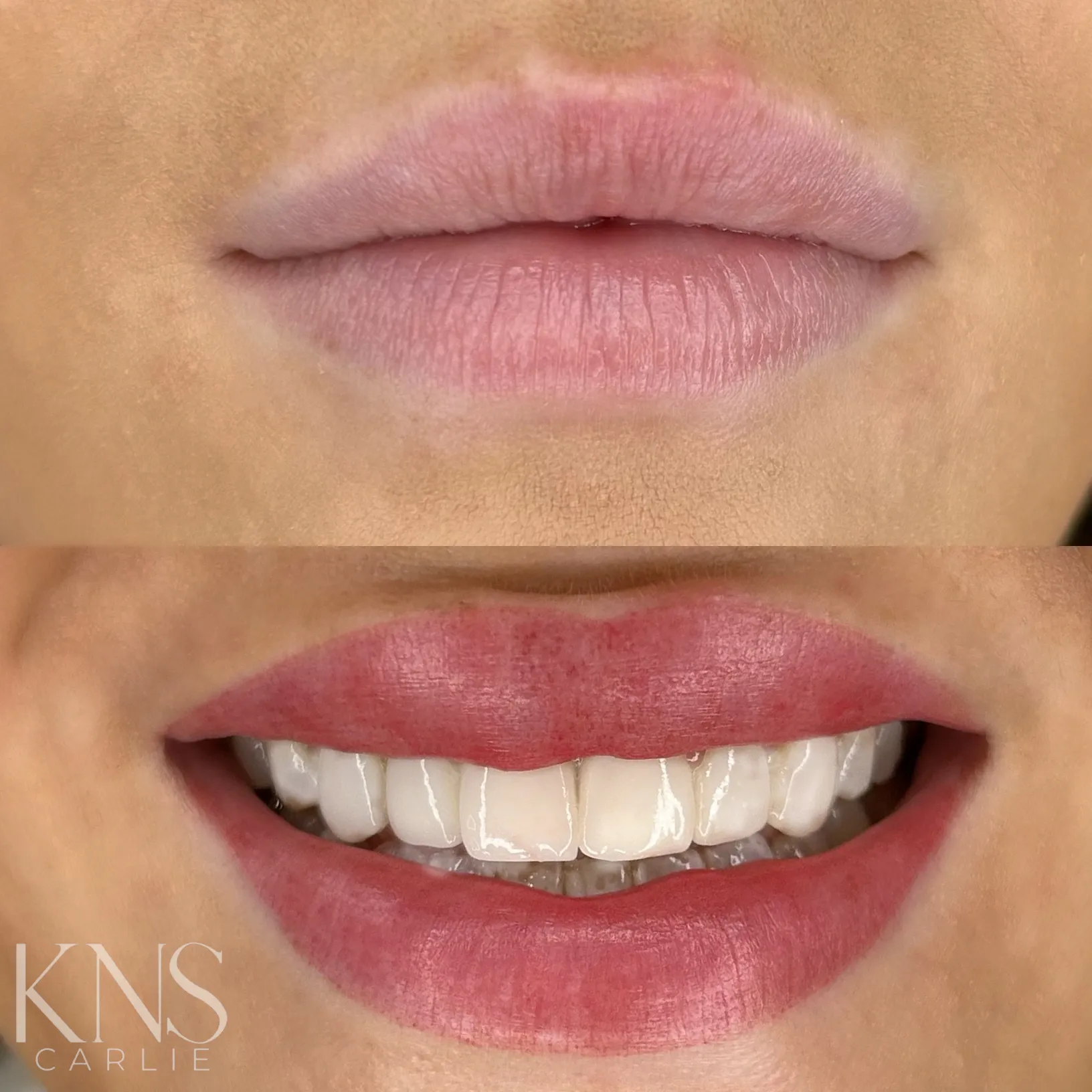 Lip blushing healed result showing a warm coral-red tone — Kendra Neal Studio