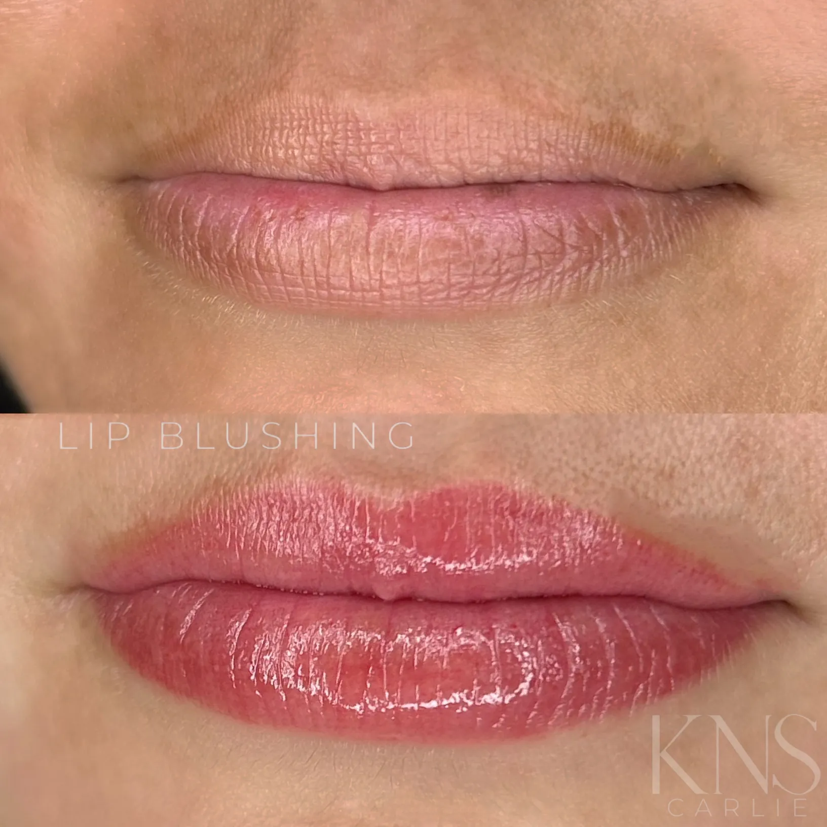 Lip blushing before-and-after correcting a discolored dark spot — healed results at Kendra Neal Studio