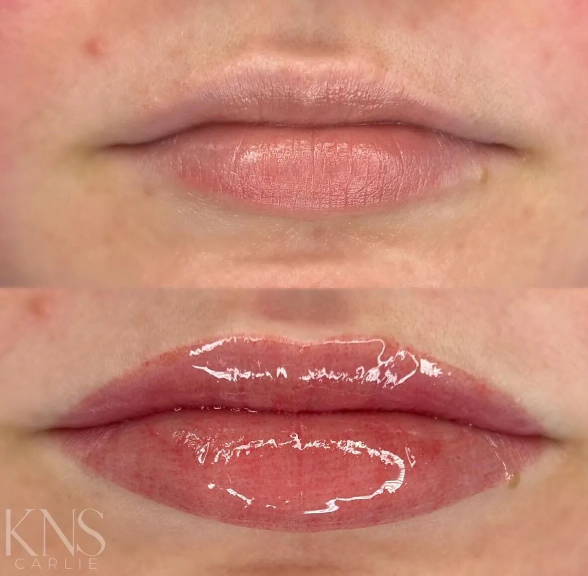 Lip blushing before-and-after with added fullness and a defined Cupid's bow — healed results at Kendra Neal Studio
