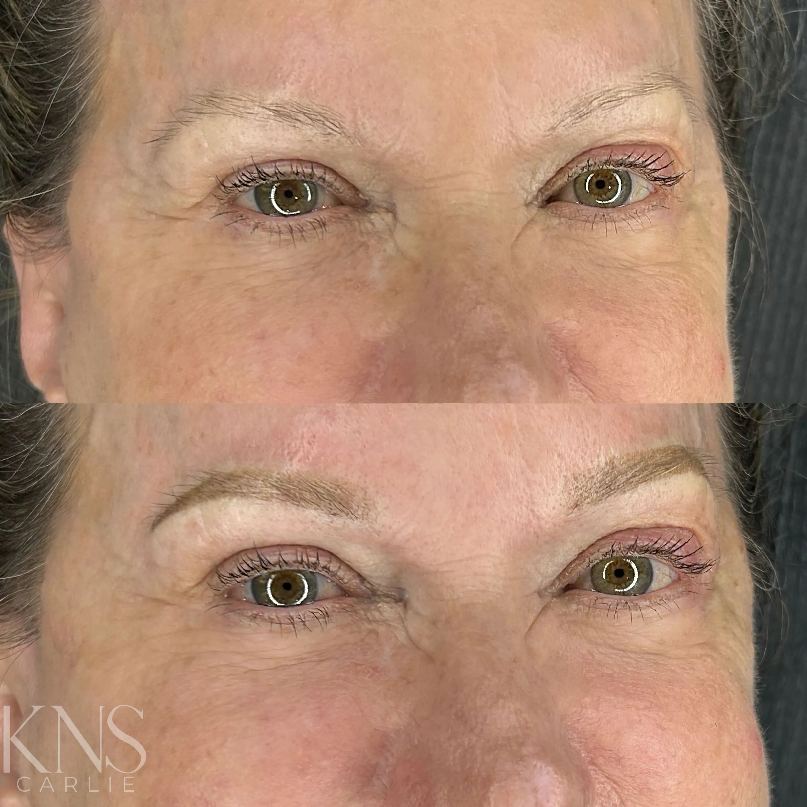 Nanobrow before-and-after on a mature client with gray hair — healed results at Kendra Neal Studio