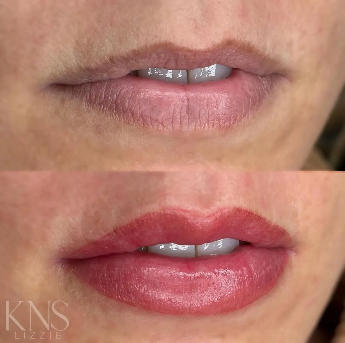 Lip blushing before-and-after for uneven lip shape and color — healed results at Kendra Neal Studio