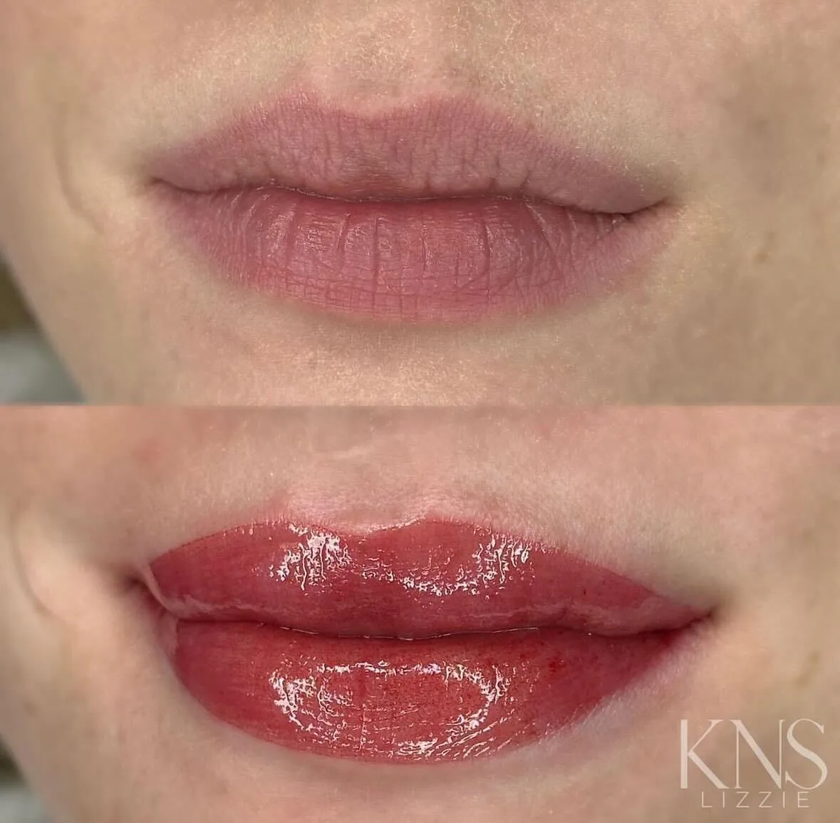 Lip blushing before-and-after for pale lips — healed results at Kendra Neal Studio