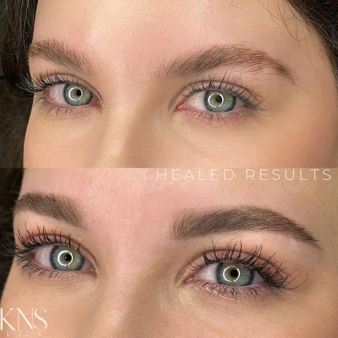 Nano-powder combo brow before-and-after for thin eyebrows — healed results at Kendra Neal Studio