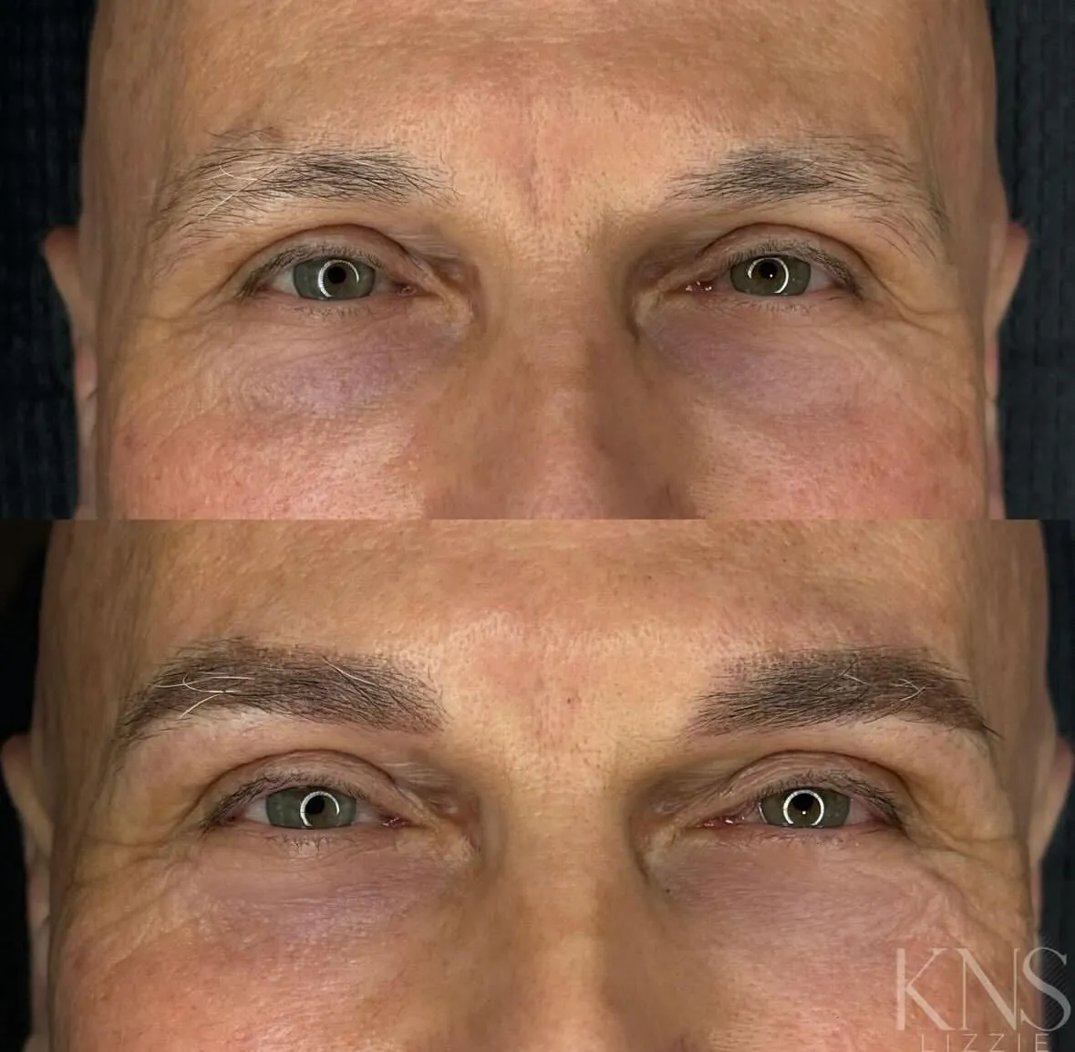 Men's nanobrow before-and-after on a mature client — healed results at Kendra Neal Studio