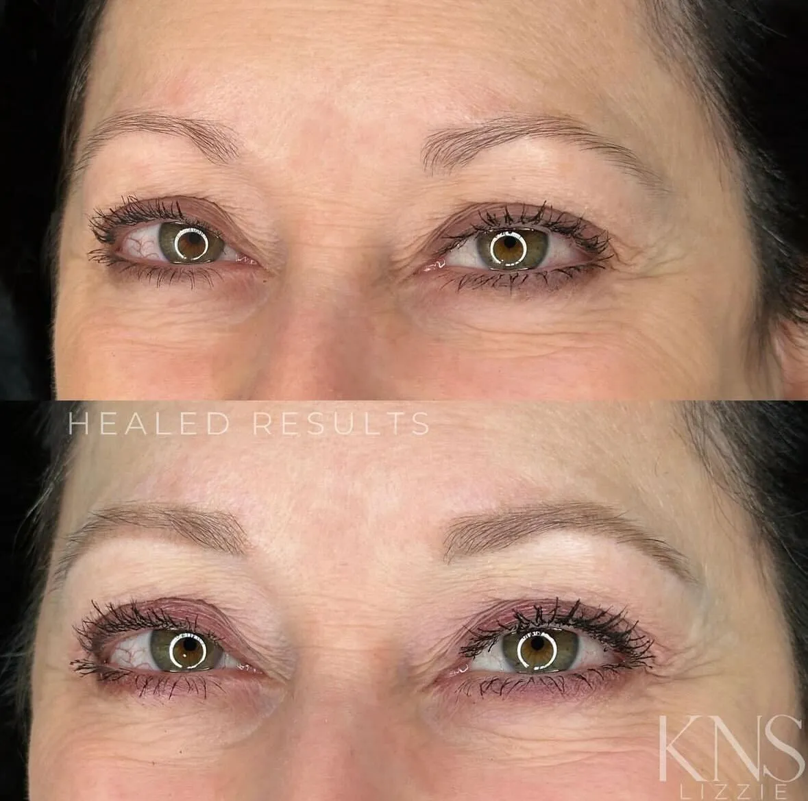 Nanobrow before-and-after on a mature client — healed results at Kendra Neal Studio