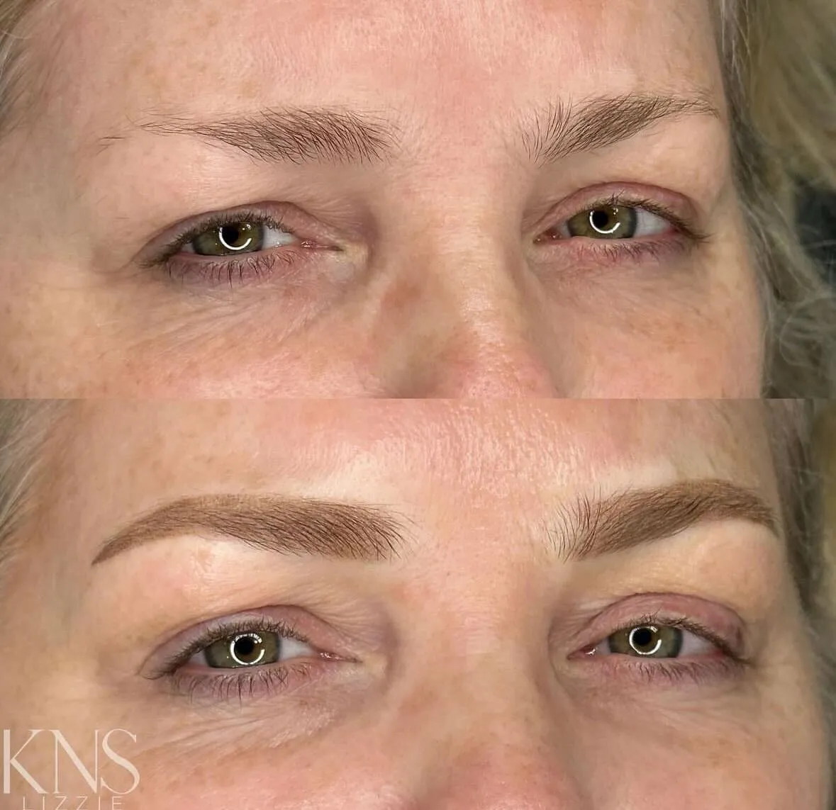 Nanobrow before-and-after on a mature client with thin eyebrows — healed results at Kendra Neal Studio