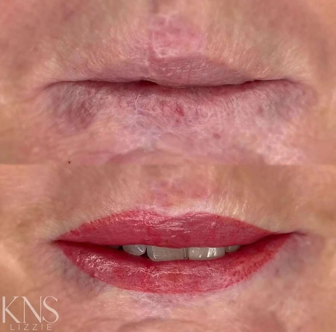 Lip blushing before-and-after on mature skin with pronounced lip lines — healed results at Kendra Neal Studio