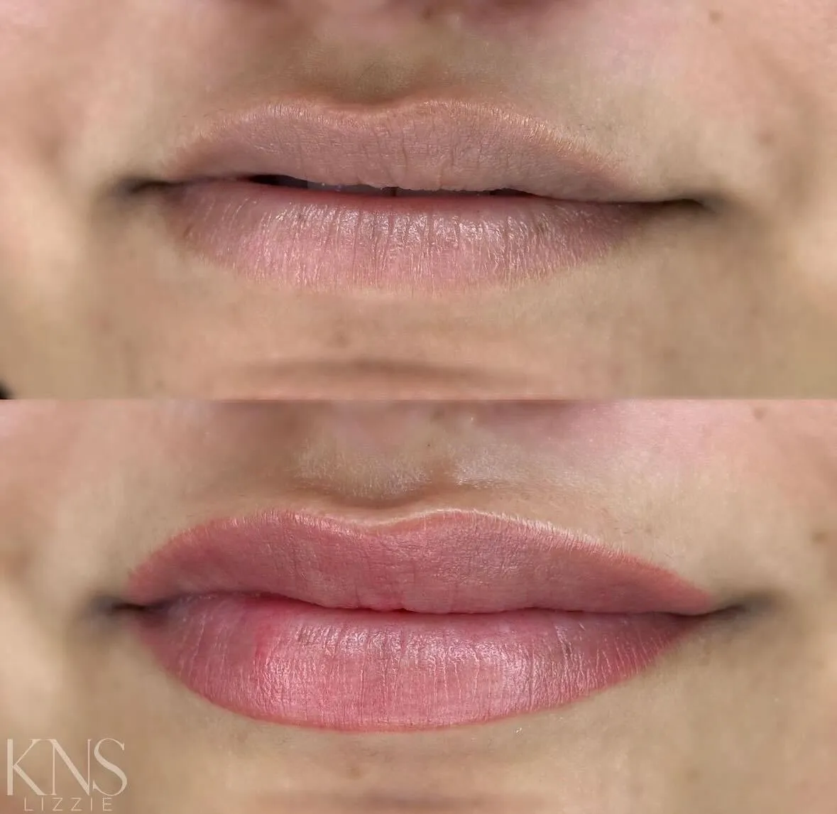 Lip blushing before-and-after for pale lips — healed results at Kendra Neal Studio