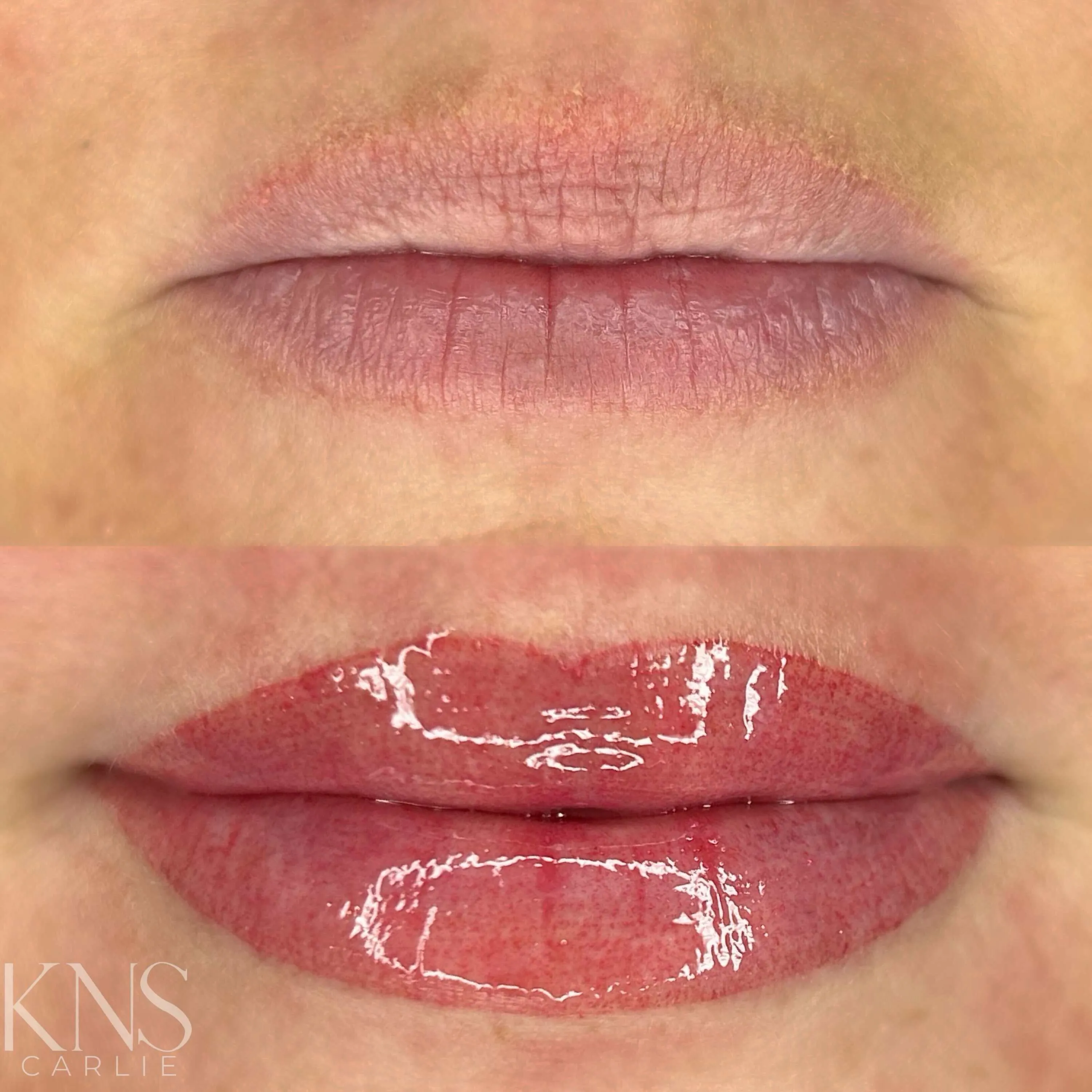 Lip blushing before-and-after with a bold, saturated red result — healed results at Kendra Neal Studio