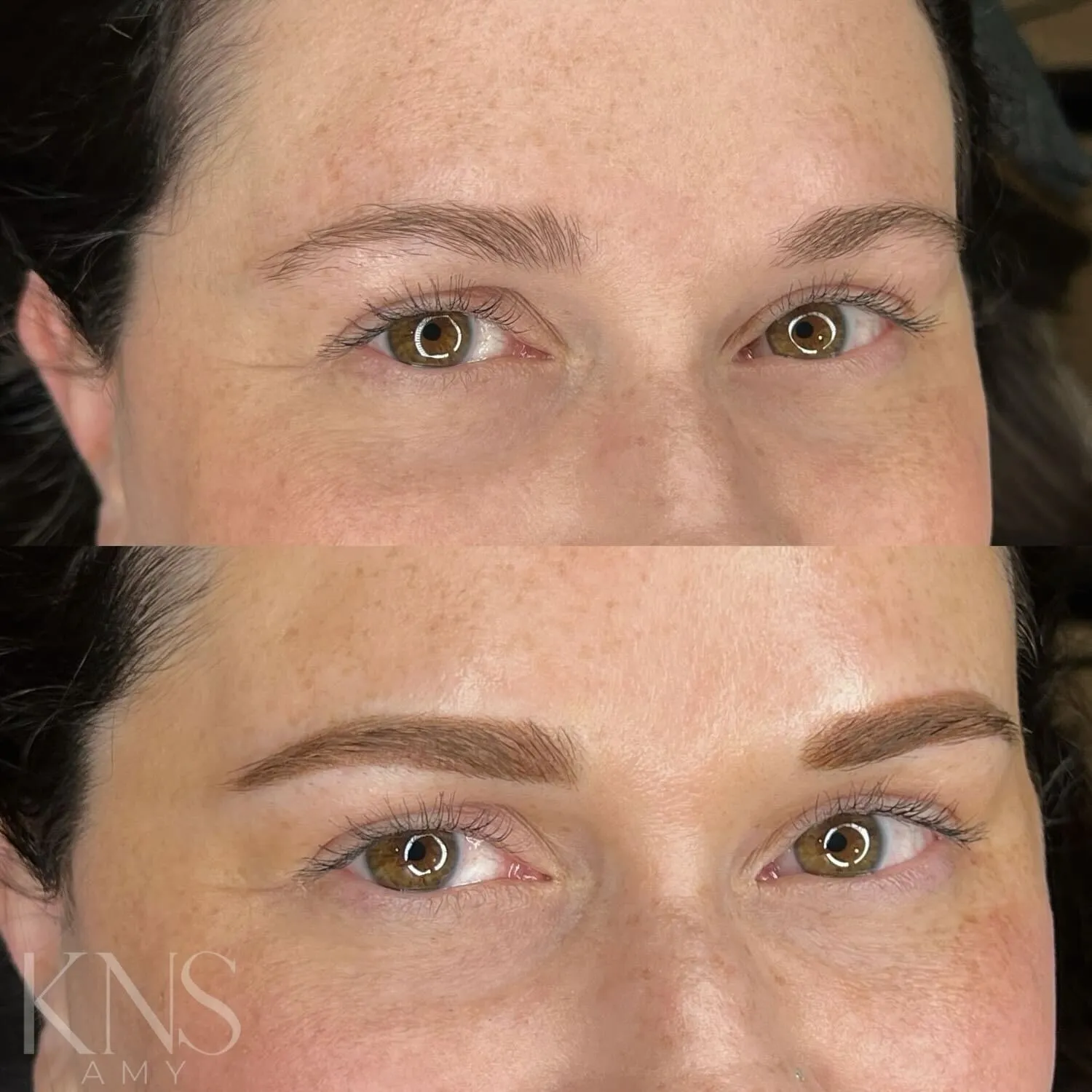 Powderbrow before-and-after for thin eyebrows on freckled skin — healed results at Kendra Neal Studio