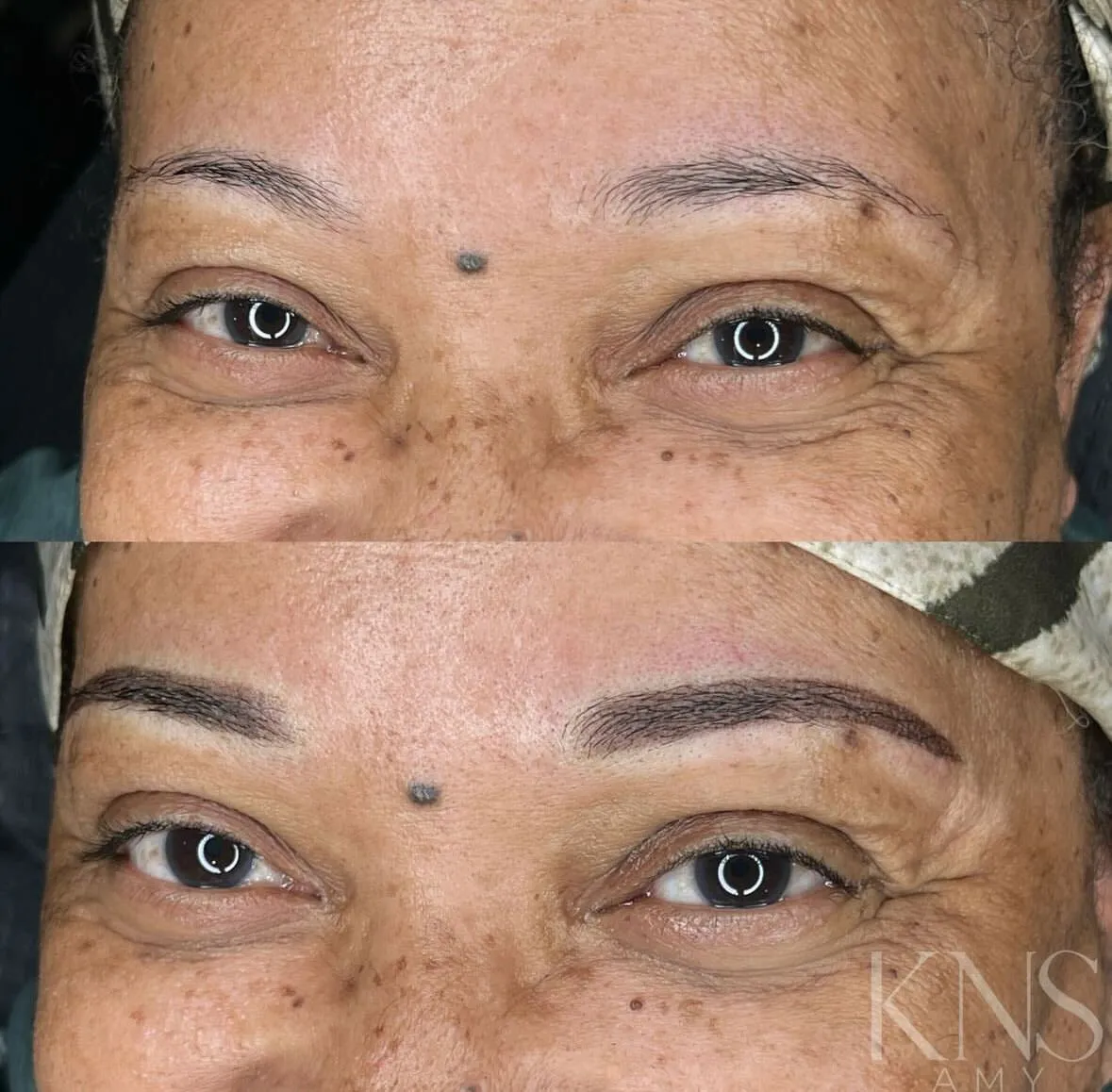 Powderbrow before-and-after on a mature client with a deeper skin tone — healed results at Kendra Neal Studio