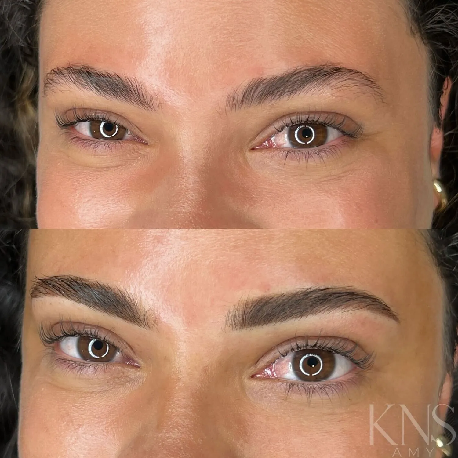 Powderbrow shaping refinement on naturally full eyebrows on a deeper skin tone — healed results at Kendra Neal Studio