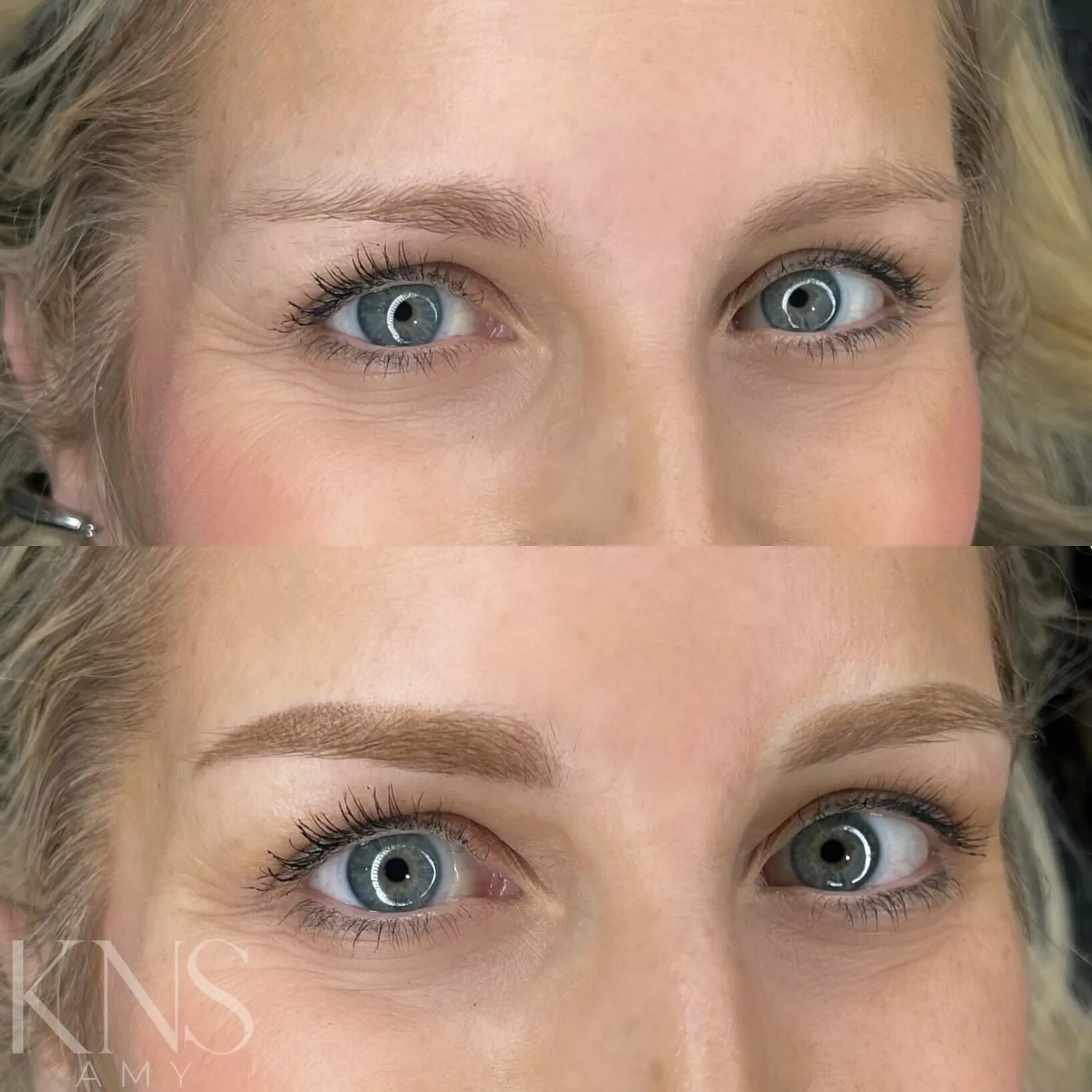 Powderbrow before-and-after on a mature client with faint eyebrows — healed results at Kendra Neal Studio