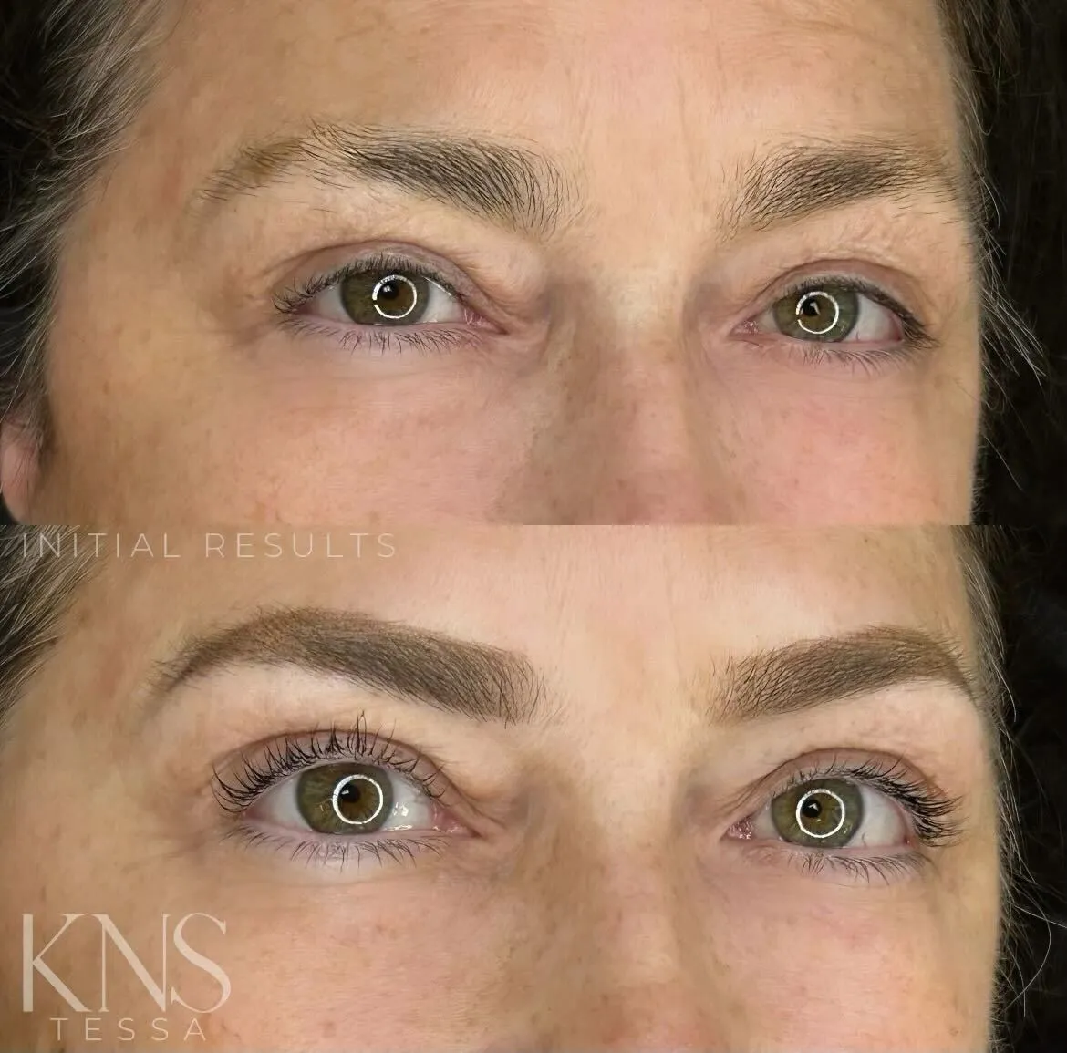 Powderbrow initial results, close-up on a mature client's eyes — Kendra Neal Studio
