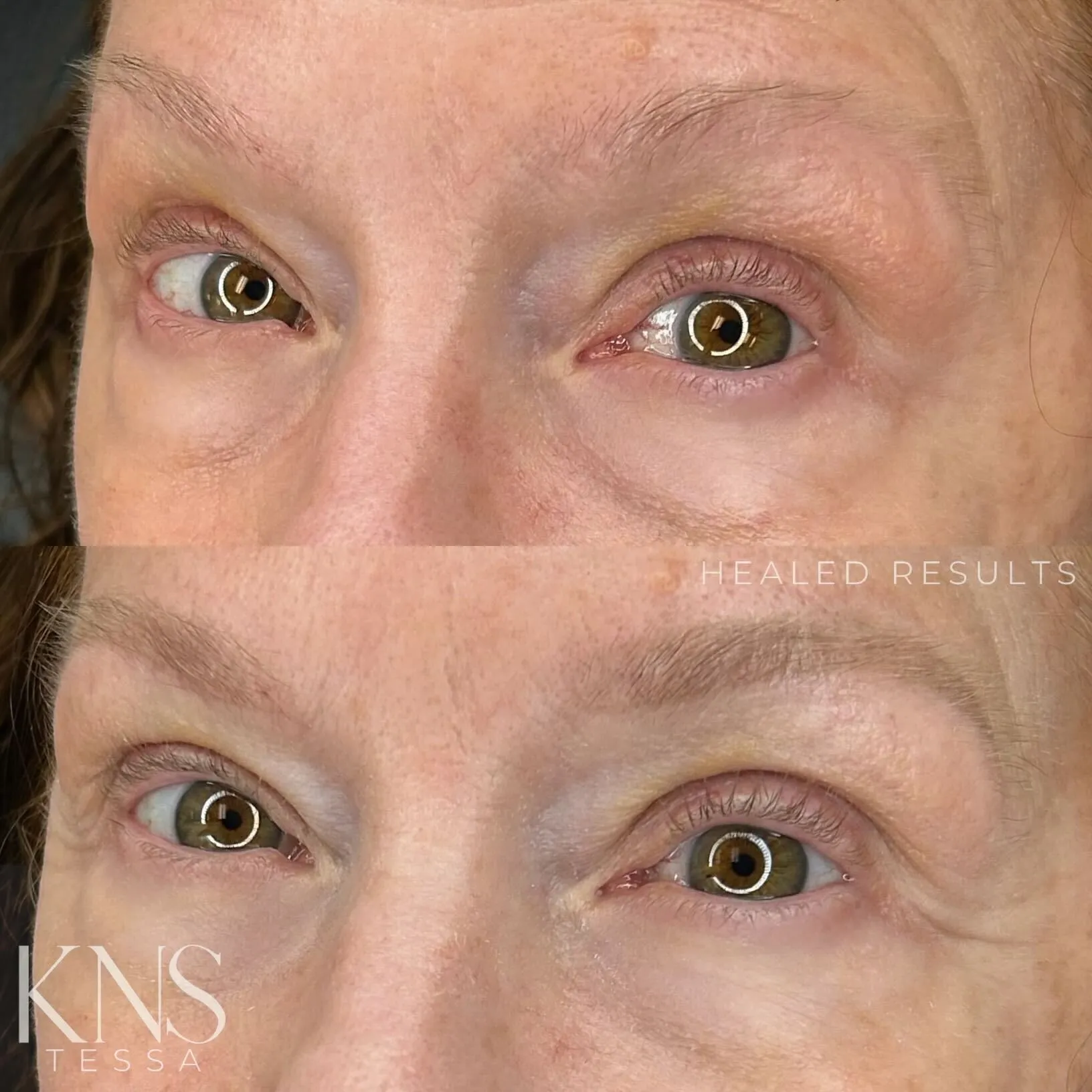 Powderbrow before-and-after for sparse eyebrows — healed results at Kendra Neal Studio