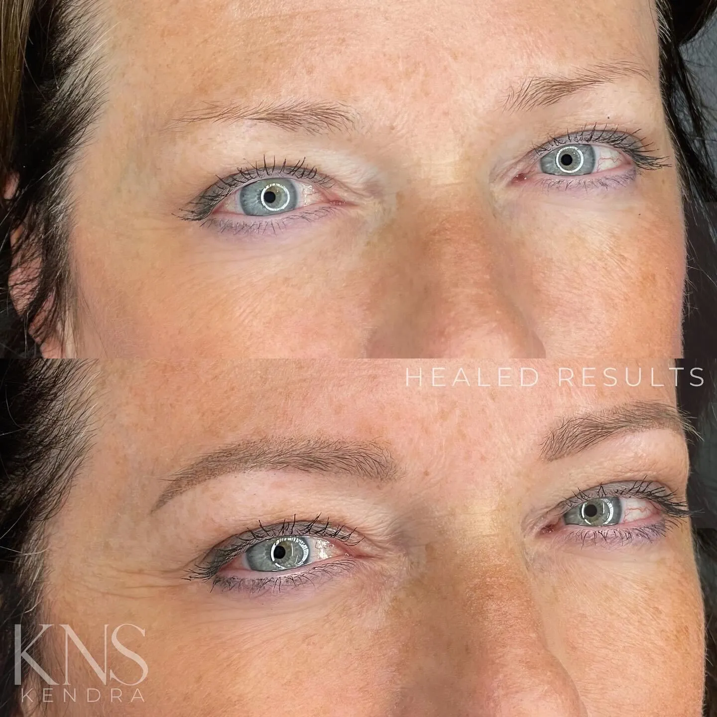 Powderbrow before-and-after for sparse eyebrows — healed results at Kendra Neal Studio