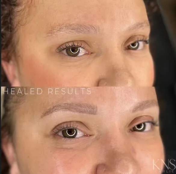 Nanobrow before-and-after for sparse eyebrows — healed results at Kendra Neal Studio