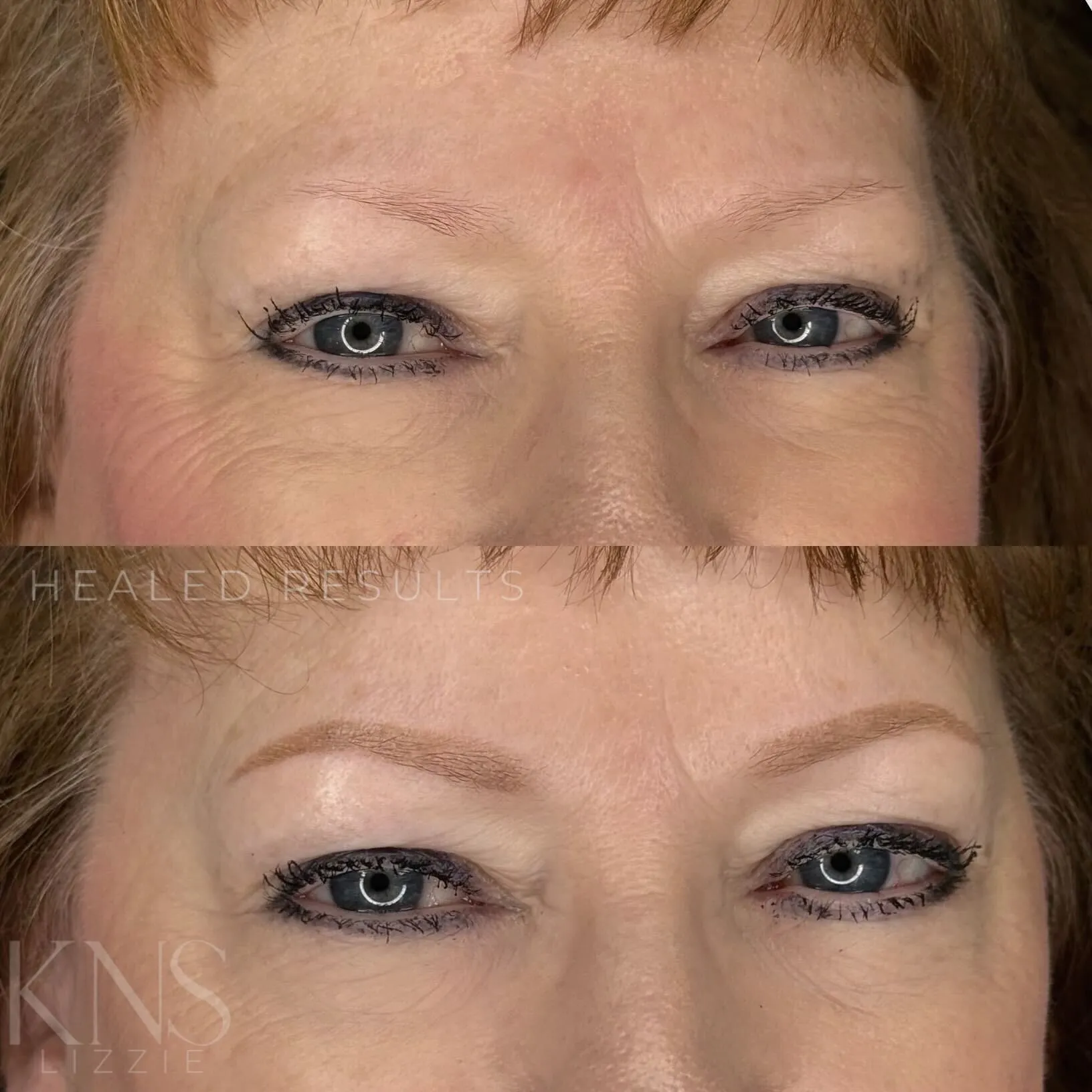 Nanobrow before-and-after on mature skin with sparse eyebrows — healed results at Kendra Neal Studio